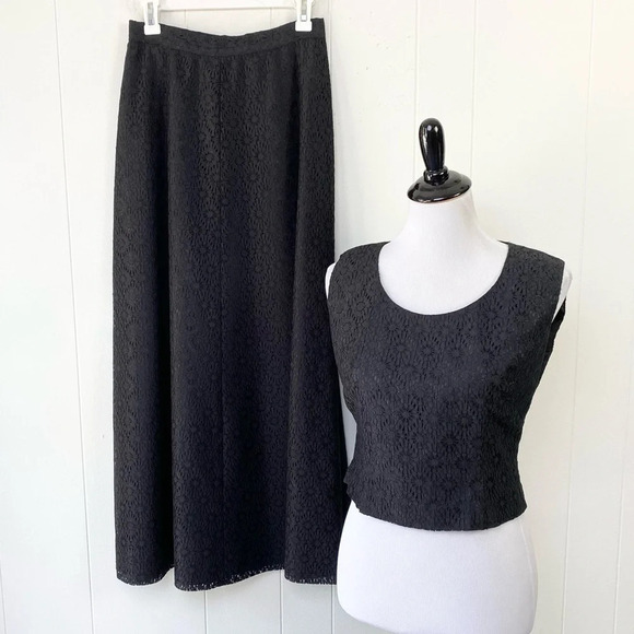 Vintage Black Lace Alice Of California Set Sz S Maxi Skirt & Top Crop Sleeveless - Picture 1 of 15